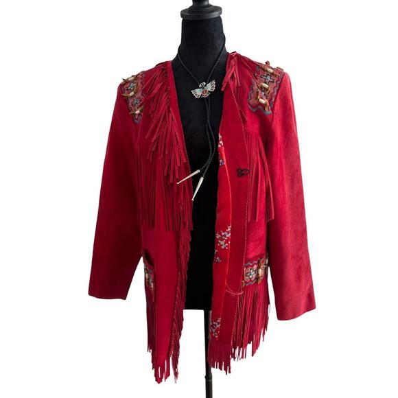 Women's M Patricia Wolf Fringe Jacket VTG Red Suede Beaded Coachella 70s - Picture 4 of 9